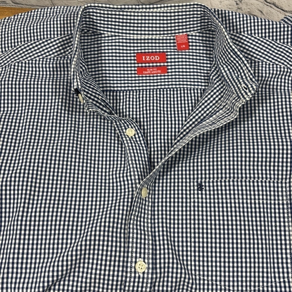 Men’s Izod Slim Fit Blue and White Check Button Down Shirt Size Large - Picture 4 of 8